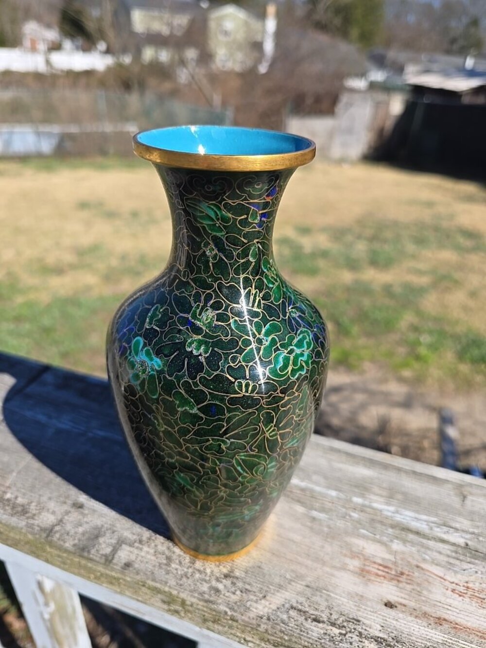 Oriental Chinese Mid Century Cloisonne Enamel Brass Vase Blue Green 8"